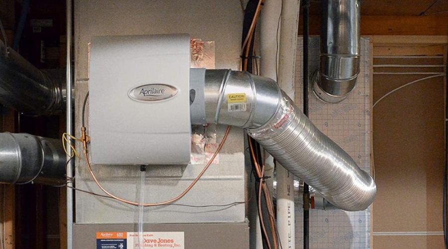 Home HVAC system with ductwork and humidifier.