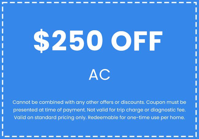 $250 off AC coupon, blue background.